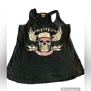 Harley Davidson Skull Wing Tank Top Black White Pink Size L